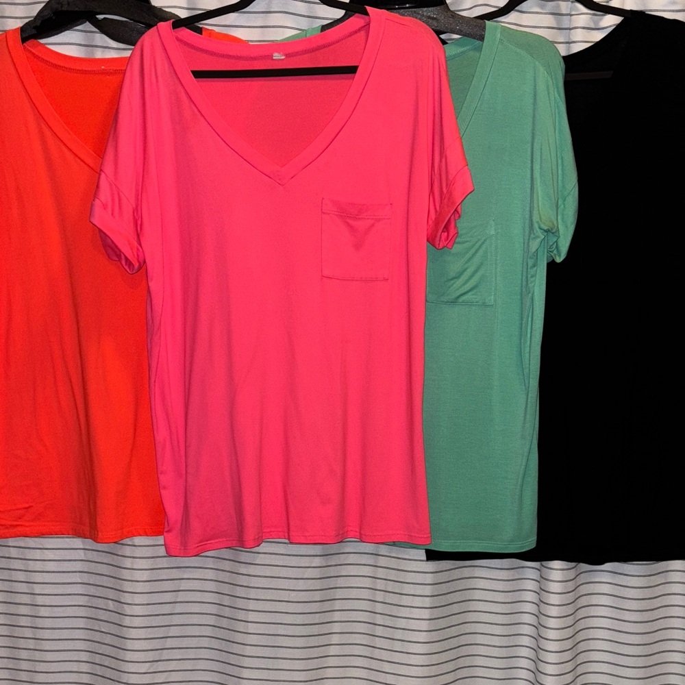 EUC  Women's V-Neck tunic tops in Mint Green, Black, and Neon orange, Neon Pink